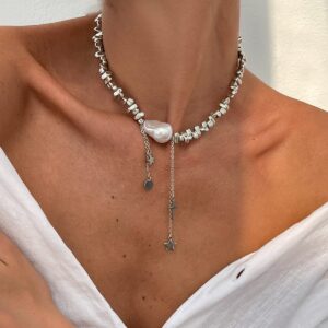 Trendy Silver Tone Star Cross Tassel Pearl Charm Necklace - ArtGalleryZen
