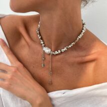 Trendy Silver Tone Star Cross Tassel Pearl Charm Necklace - ArtGalleryZen