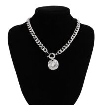 Trendy Textured Round Disk Pendant Chunky Curb Chain Necklace - ArtGalleryZen