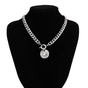 Trendy Textured Round Disk Pendant Chunky Curb Chain Necklace - ArtGalleryZen