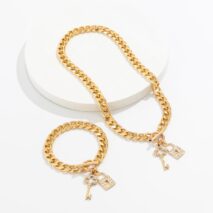 Trendy Toggle Clasp CZ Inlaid Lock Key Pendant Curb Chain Necklace Bracelet Set - ArtGalleryZen