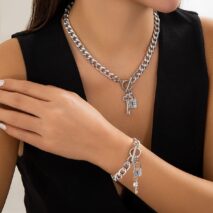 Trendy Toggle Clasp CZ Inlaid Lock Key Pendant Curb Chain Necklace Bracelet Set - ArtGalleryZen
