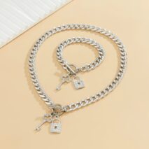 Trendy Toggle Clasp CZ Inlaid Lock Key Pendant Curb Chain Necklace Bracelet Set - ArtGalleryZen