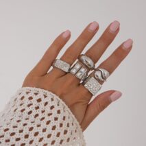 Vintage 5pcs Chunky Rhinestone Inlaid Textured Ring Set - ArtGalleryZen