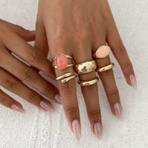 Vintage 6pcs Crystal Inlaid Glossy Open Ring Set - ArtGalleryZen