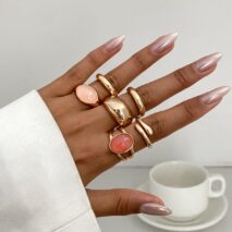 Vintage 6pcs Crystal Inlaid Glossy Open Ring Set - ArtGalleryZen
