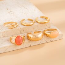 Vintage 6pcs Crystal Inlaid Glossy Open Ring Set - ArtGalleryZen