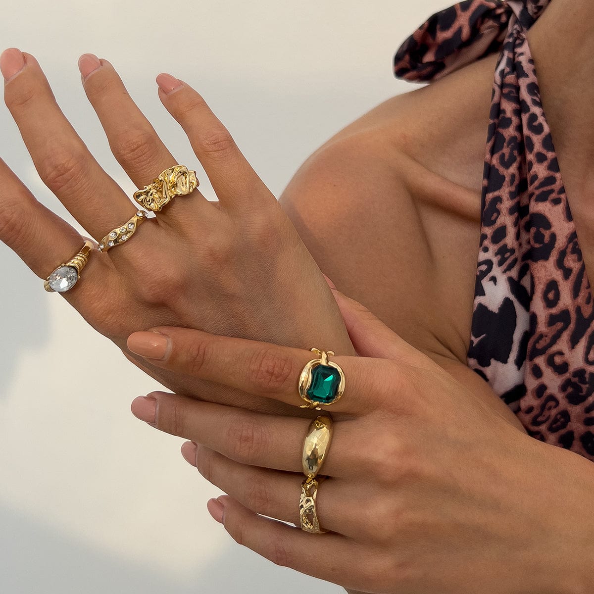 Vintage 6pcs Rhinestone Inlaid Pleated Open Ring Set - ArtGalleryZen