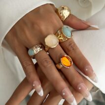 Vintage Chunky Crystal Inlaid Textured Open Ring Set - ArtGalleryZen