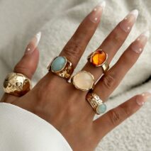 Vintage Chunky Crystal Inlaid Textured Open Ring Set - ArtGalleryZen