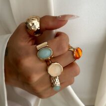 Vintage Chunky Crystal Inlaid Textured Open Ring Set - ArtGalleryZen