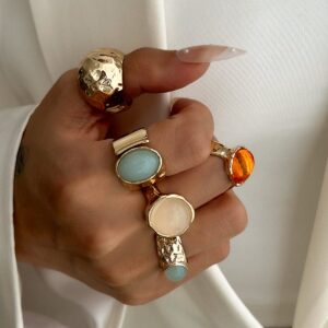 Vintage Chunky Crystal Inlaid Textured Open Ring Set - ArtGalleryZen