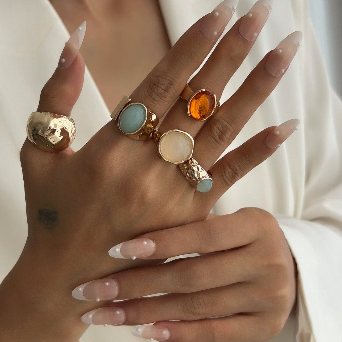 Vintage Chunky Crystal Inlaid Textured Open Ring Set - ArtGalleryZen