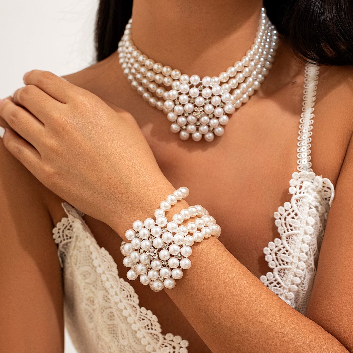 Vintage Chunky Layered Pearl Beaded Necklace Bracelet - ArtGalleryZen