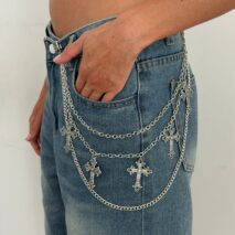 Vintage Layered Carved Cross Pendant Trouser Chain - ArtGalleryZen