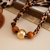 Wooden Beads Leopard Print Velvet Choker Necklace Retro Charm - ArtGalleryZen