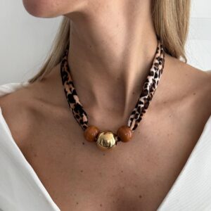Wooden Beads Leopard Print Velvet Choker Necklace Retro Charm - ArtGalleryZen