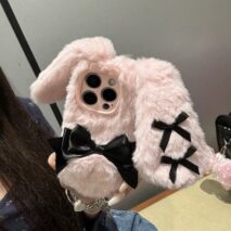 Y2K Bowknot Pink Bunny Plush iPhone Case - ArtGalleryZen