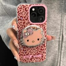 Y2K Leopard Hello Kitty Rhinestone Magnetic Stand iPhone Case - ArtGalleryZen