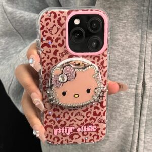 Y2K Leopard Hello Kitty Rhinestone Magnetic Stand iPhone Case - ArtGalleryZen