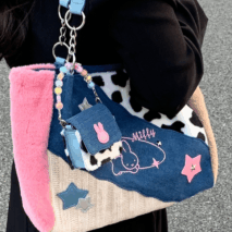 Y2K Miffy Plush Denim Patchwork Shoulder Bag - ArtGalleryZen