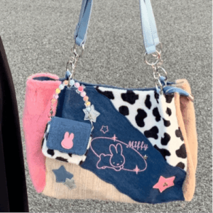 Y2K Miffy Plush Denim Patchwork Shoulder Bag - ArtGalleryZen