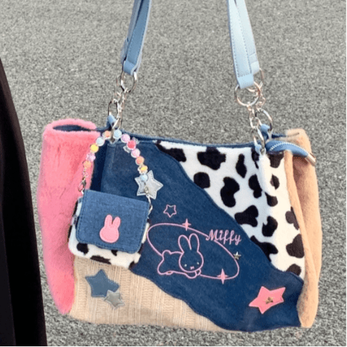 Y2K Miffy Plush Denim Patchwork Shoulder Bag - ArtGalleryZen