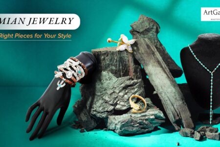 Bohemian jewelry collection featuring turquoise necklaces, layered bracelets, and boho chic styling examples
