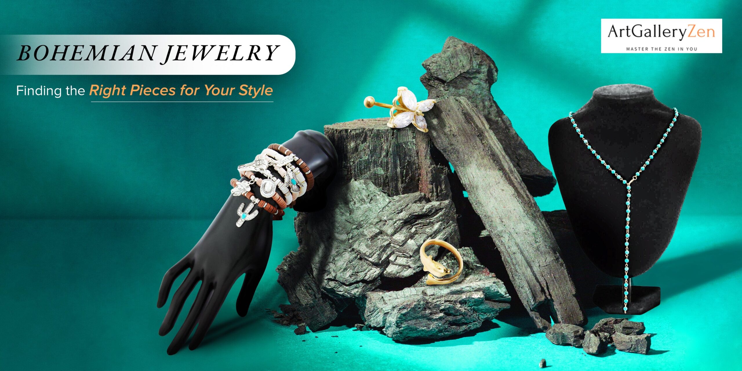 Bohemian jewelry collection featuring turquoise necklaces, layered bracelets, and boho chic styling examples