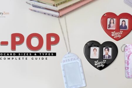 K-pop photocards collection showing different sizes and types including standard, mini, and special edition cards