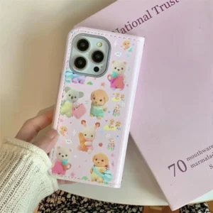 Cute Sylvanian Families Leather Flip iPhone Case With Charm – view 2
