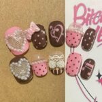 Handmade Pink and Brown Polka Dot Pearl Heart Press on Nails Short False Nails