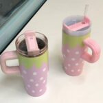 Cute Strawberry Tumbler 14oz Stainless Steel Cup with Handle & Straw