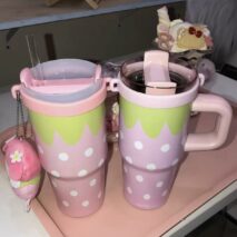 Cute Strawberry Tumbler 14oz Stainless Steel Cup with Handle & Straw - Image 4
