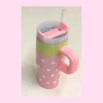 Cute Strawberry Tumbler 14oz Stainless Steel Cup with Handle & Straw - Image 3