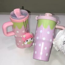 Cute Strawberry Tumbler 14oz Stainless Steel Cup with Handle & Straw - Image 2