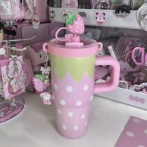 Cute Strawberry Tumbler 14oz Stainless Steel Cup with Handle & Straw - Image 6
