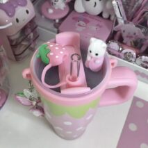 Cute Strawberry Tumbler 14oz Stainless Steel Cup with Handle & Straw - Image 7