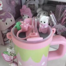 Cute Strawberry Tumbler 14oz Stainless Steel Cup with Handle & Straw - Image 8