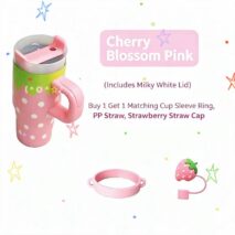 Cute Strawberry Tumbler 14oz Stainless Steel Cup with Handle & Straw - Image 9