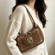 Vintage Lucky Clover Embroidered Suede Crossbody Bag Shoulder Bag - Image 3