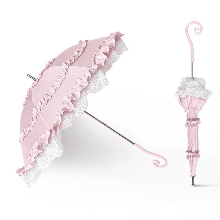 Kawaii Lolita Pink Lace Ruffle Heart Handle Parasol Umbrella – view 4