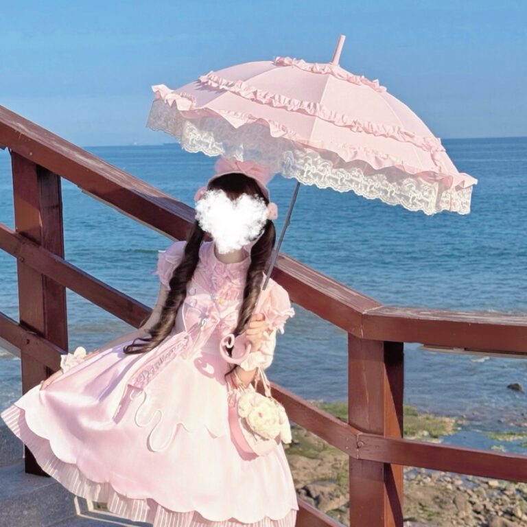 Kawaii Lolita Pink Lace Ruffle Heart Handle Parasol Umbrella – view 9