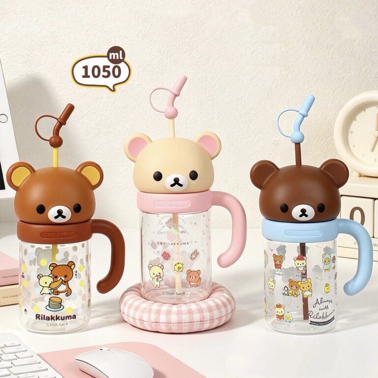 Kawaii Rilakkuma Glass Tumbler 1050ml | Borosilicate Mug with Straw
